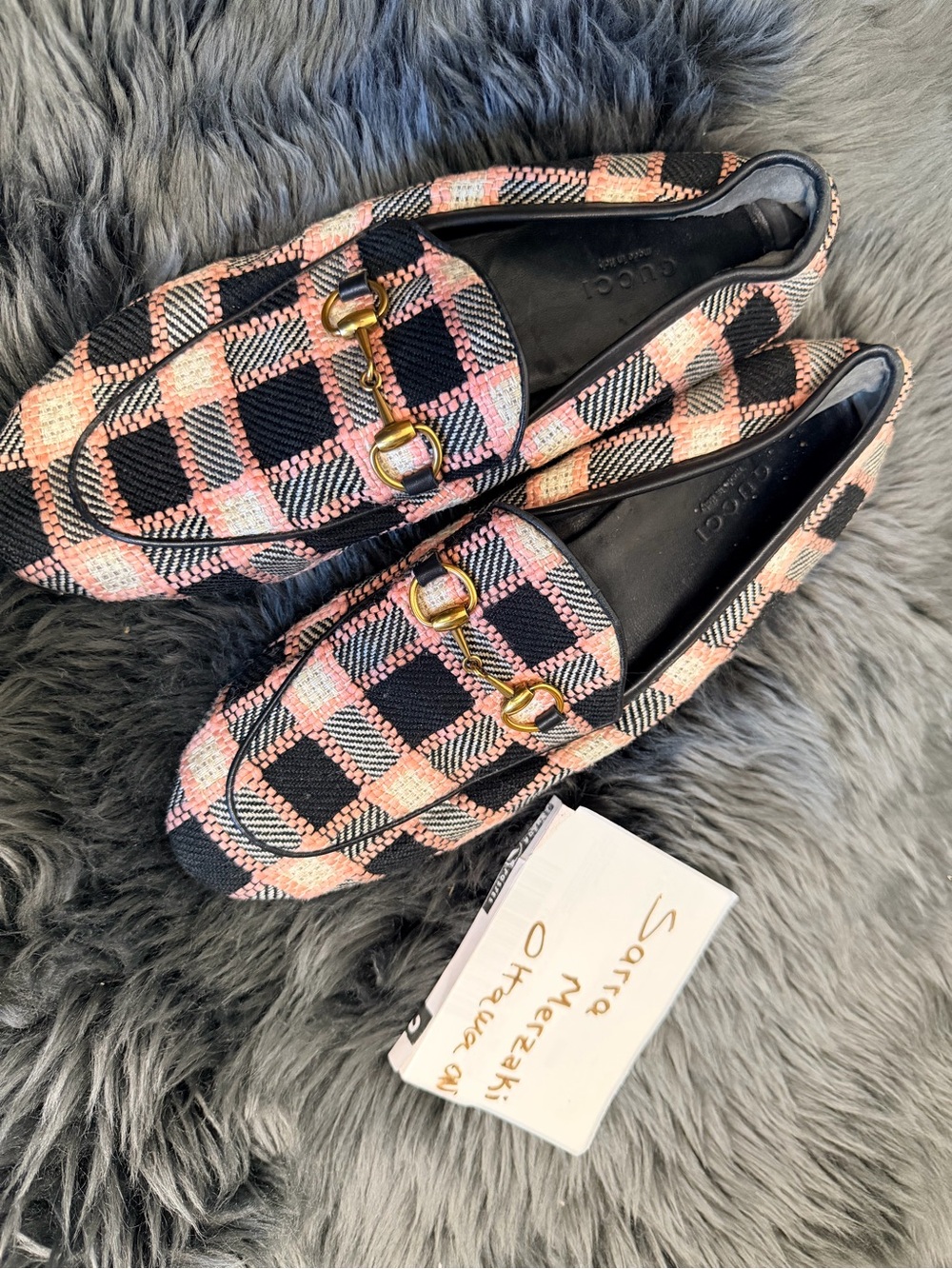 Gucci Jordaan Horsebit Loafers — Pink Black Check Tweed